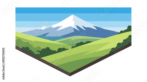 Geometric landscape with mountain and rolling hills in flat design