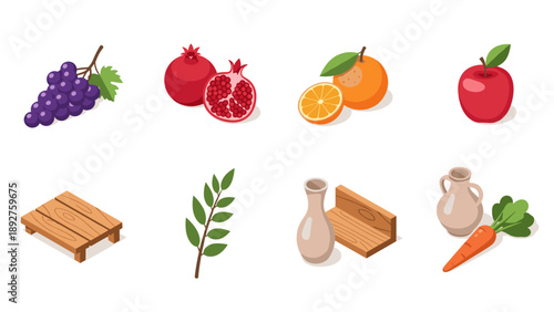 Isometric fruit and object collection: grapes, pomegranate, orange, apple, wooden pallet, foliage, pottery, carrot