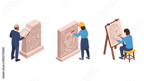 Isometric art restoration: experts reconstructing ancient sculptures and paintings
