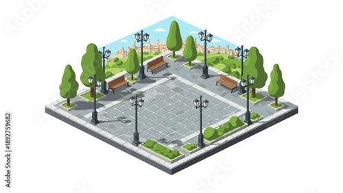 Isometric city park design with benches and trees on a sunny day