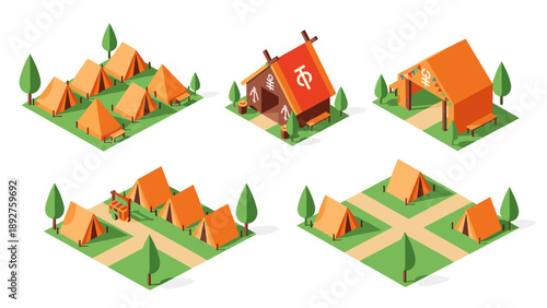 Isometric campground scene with tents and trees in bright orange and green