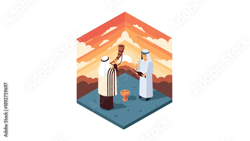 Isometric middle eastern cultural scene with traditional clothing and music