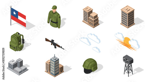 Isometric military icons set: buildings, soldier, equipment, clouds