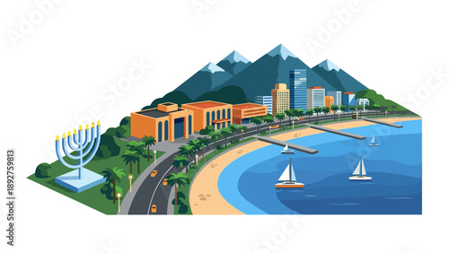 Coastal cityscape with sailboats and menorah near mountains
