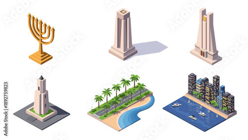 Iconic monuments and scenic isometric designs featuring cityscapes and coastal views