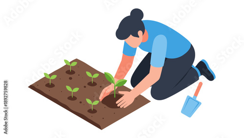 Gardener planting seedlings in an isometric style garden scene