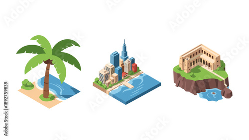 Isometric tropical island scene with palm tree, cityscape and historical structure