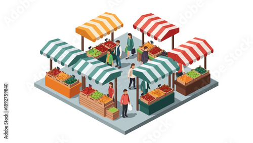 Isometric outdoor market scene with colorful food stalls