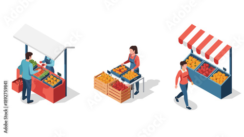 Isometric farmers market scene with vendors and fresh produce stalls