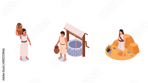 Ancient water carriers and well in isometric style desert scene