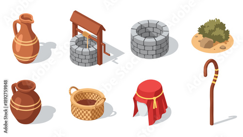 Rustic middle eastern objects featuring well, jug, and bush in isometric style