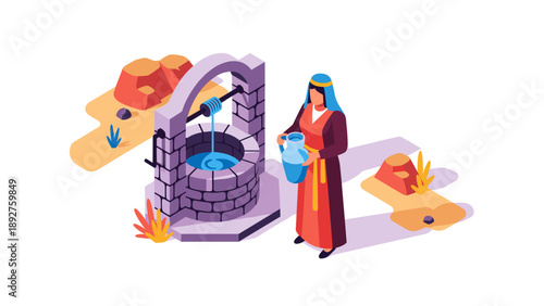 Isometric ancient well scene with woman in traditional attire collecting water