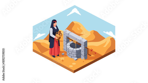 Traditional water well scene in desert landscape with woman collecting water in isometric style