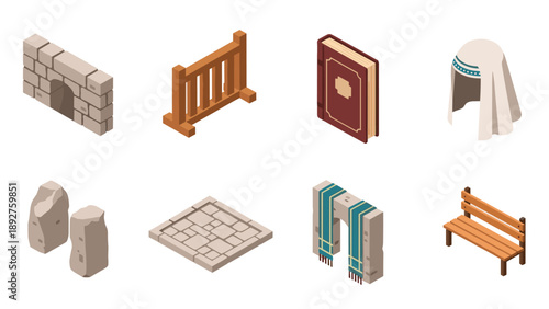 Isometric ancient artifacts collection: brick wall, stone pillars, ancient book, and more