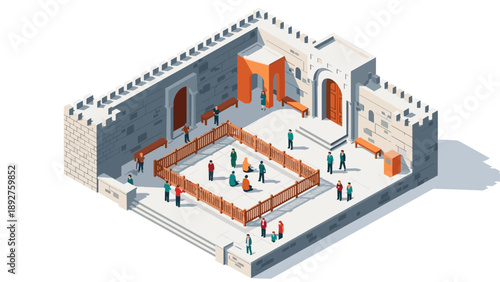 Ancient fortress courtyard with visitors in isometric design