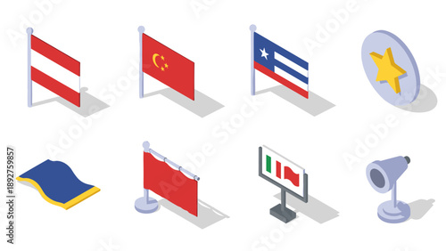 Isometric flags and symbols collection with shadow effects