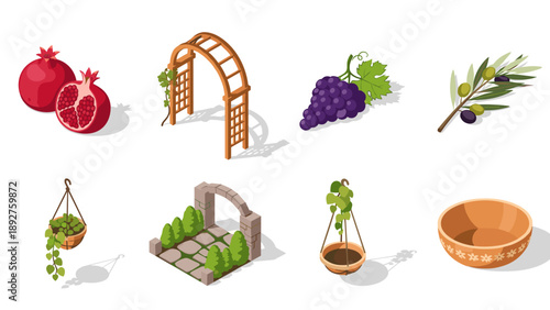 Isometric garden elements with fruits and plants in a mediterranean style