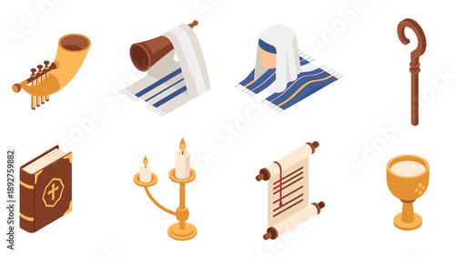 Isometric ancient religious artifacts: shofar, torah, candles, and more