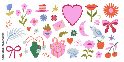 Vector hand drawn whimsical illustrations in doodle sketch style, flowers and hearts, love and valentine day theme, wedding cards, invitations and stationery