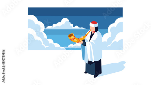 Person in traditional dress blowing horn on cloudy day with blue sky