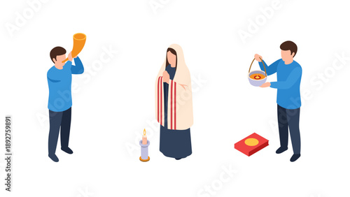 Isometric jewish holiday celebration with traditional rituals and costume