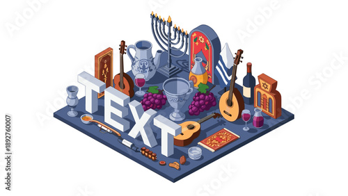 Isometric jewish holiday symbols with musical instruments and wine elements