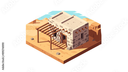 Isometric desert house in low poly art style with wooden pergola and stone walls