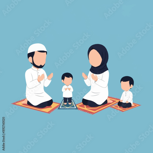 A Muslim family, including parents and two young sons, performing prayer together on individual mats in a serene setting.