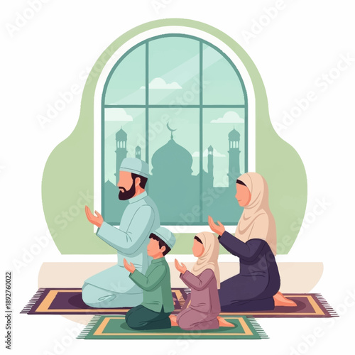 A Muslim family, including parents and two children, performing Salah (Islamic prayer) together on prayer mats in front of a window with a mosque silhouette.