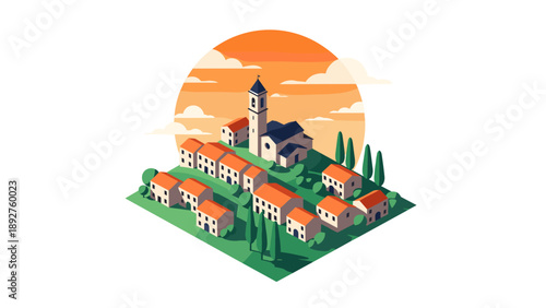 Charming village at sunset with church and hillside homes in warm colors