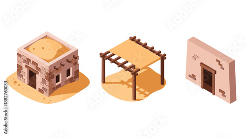 Isometric desert architecture with sandstone buildings and wooden pergola