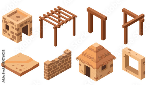 Isometric ancient structures collection: mud brick architecture elements
