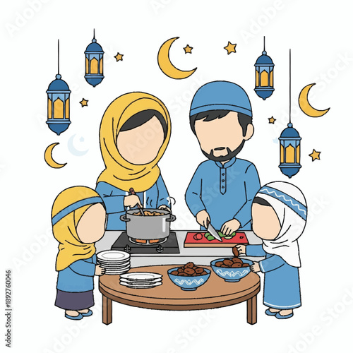 A Muslim family preparing a meal together in a kitchen decorated with lanterns, celebrating a special occasion like Ramadan or Eid.