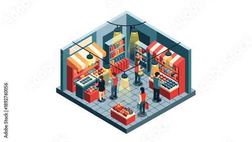 Isometric grocery store scene with people shopping and interacting inside a modern supermarket