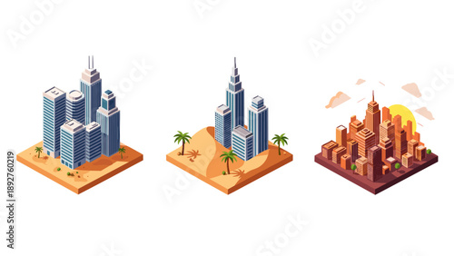 Isometric desert skyscrapers with sunset and palm trees