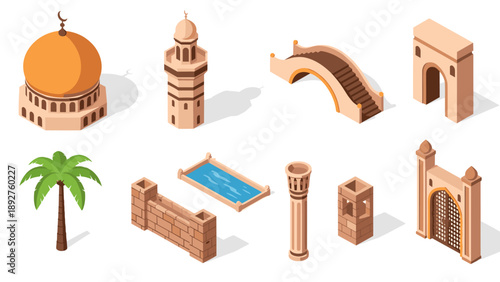 Isometric middle eastern architecture set featuring iconic landmarks and structures