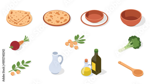 Mediterranean cuisine elements with flat design: pita, olive oil, vegetables, and kitchenware