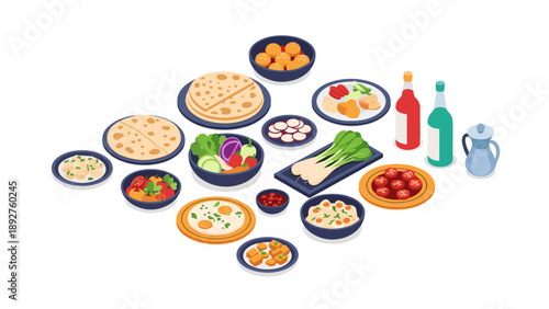 Isometric traditional indian cuisine: delicious dishes and ingredients