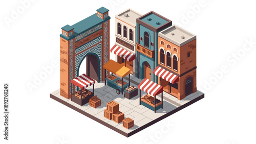 Isometric middle eastern street market scene with traditional architecture and stalls