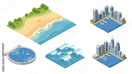 Isometric beach and cityscape with waves and marina design elements