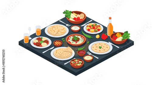 Isometric middle eastern feast with diverse dishes on table