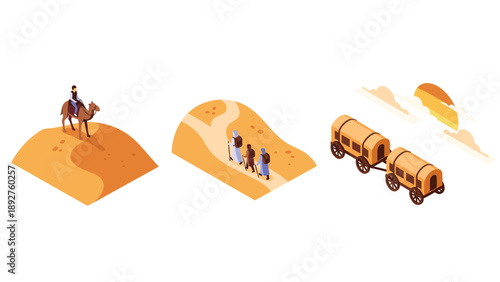Isometric desert caravan scene with camel rider, travelers, and setting sun