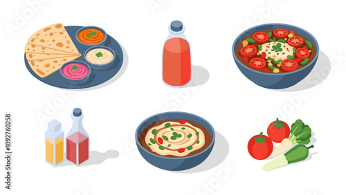 Isometric middle eastern cuisine: hummus, pita, salad, and fresh vegetables on white background