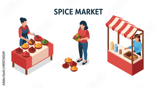 Isometric spice market stalls with vendors and colorful spices display