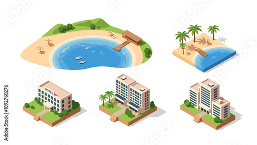 Isometric beach resort collection with hotels and coastal scenery
