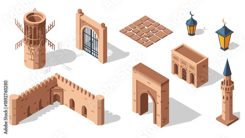 Isometric ancient architecture elements set: towers, gates, and lanterns in flat design