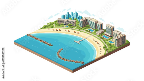 Isometric tropical beach resort with modern skyscrapers and palm trees