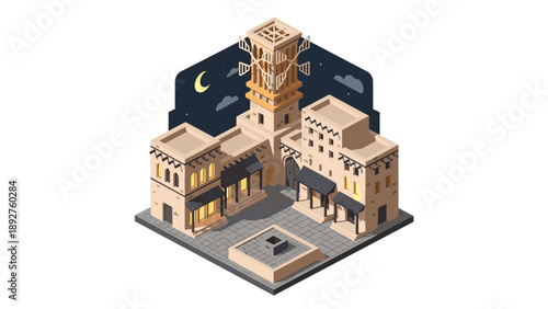 Isometric middle eastern architecture featuring courtyard with tower and crescent moon