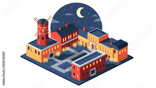 Isometric night cityscape with windmill and illuminated buildings