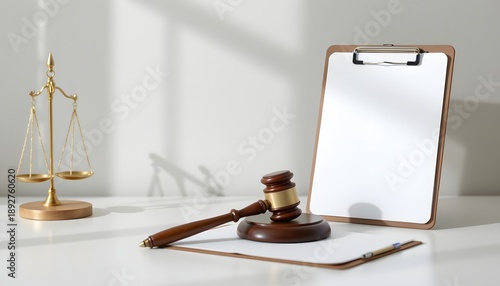 Justice and Order: A visually striking arrangement showcasing the fundamental symbols of law: the balanced scales of justice, the gavel, and a blank document.